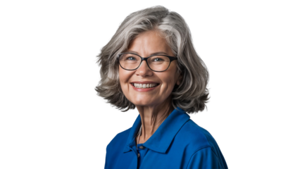 Portrait of a smiling senior woman wearing glasses, isolated on transparent background