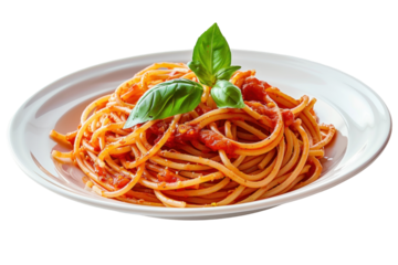 Plate of spaghetti with tomato sauce on white background.