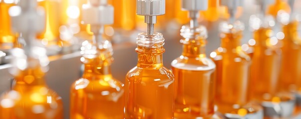 Close-up of an automated bottling production line with orange liquid, showcasing industrial manufacturing and machinery in a sterile environment.