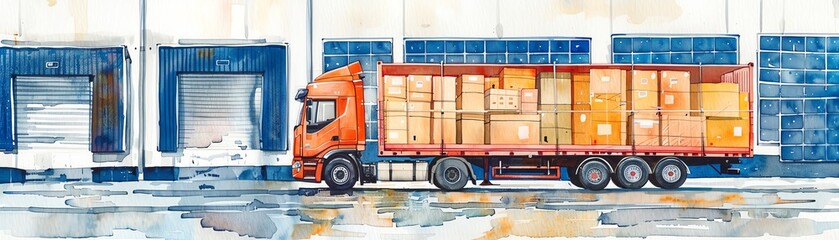 Naklejka premium Logistics truck loaded with containers parked at distribution center warehouse dock for loading and unloading goods on rainy day.
