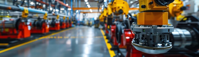 Fototapeta premium Modern industrial factory with robotic arms and automated assembly lines creating efficient and high-tech manufacturing processes.