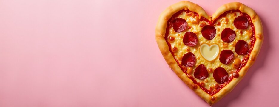 Heart-shaped pepperoni pizza representing love against pink background with copy space