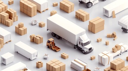 Top view of logistics concept with trucks and cardboard boxes. Ideal for delivery services, shipping, and distribution industries.