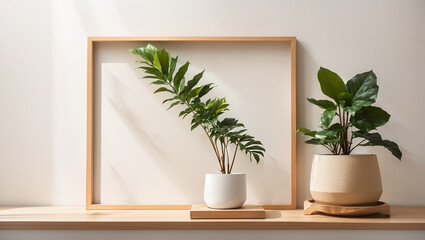 s a plant in a white pot with a wooden frame behind it.