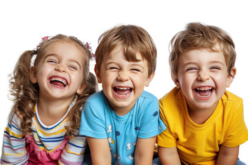 Laughing children on white background.