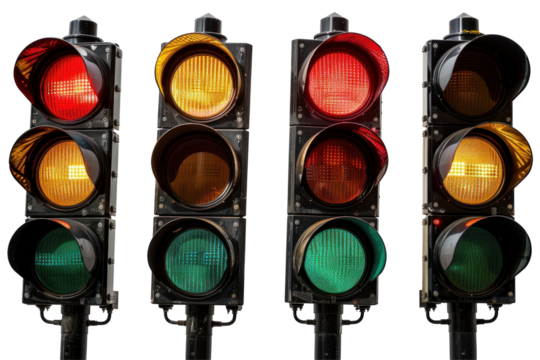 Traffic lights with red, yellow, and green signals on white background.