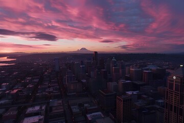 Fototapeta premium Seattle skyline with Mount Rainier in the background at dusk, focusing on downtown buildings and sky tower, skyscrapers and urban architecture, with the natural lighting from sunset