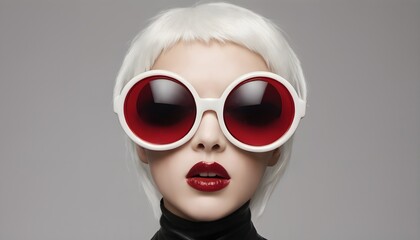 Futuristic Fashion: Woman with White Hair and Bold Red Sunglasses