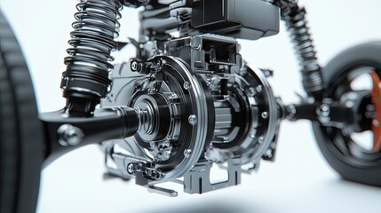 A close-up 3D rendering of an electric vehicle motor with visible suspension parts, set against a white background, revealing the sophisticated internal workings of EV technology.