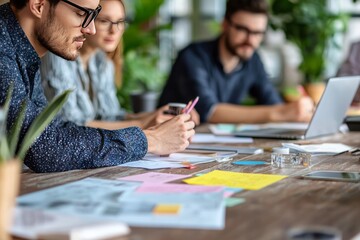 A group of creatives huddled around a table, exchanging ideas and sketching concepts