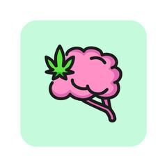 Human brain with cannabis symbol line icon. Drug addiction, hemp influence, addiction clinic. Cannabidiol concept. Vector can be used for topics like narcotic, medical service, pharmacy