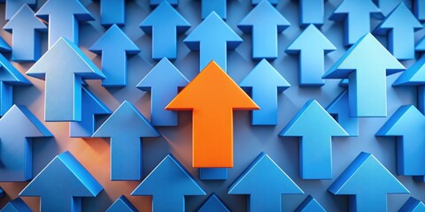 Vibrant orange arrow standing out among blue arrows, representing leadership and individuality, Leadership, individuality, standout