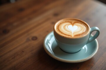 Latte Art Heart in Turquoise Cup on Rustic Wooden Table with Copy Space