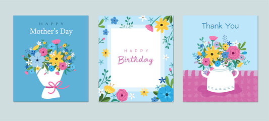 Blue and pink flower greeting card design bundle