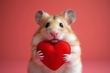 Adorable Hamster Holding Red Heart with Love Against Pink Background