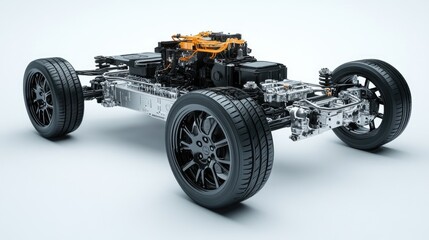 A high-resolution 3D rendering of an electric vehicle motor and suspension in cutaway view, displayed on a white background, emphasizing the complexity and innovation in electric vehicles.