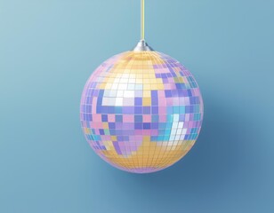 Fototapeta premium 3D disco ball hangs against a light blue background, 3D illustration