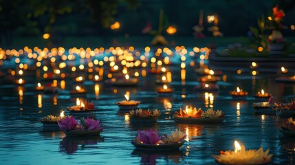 Beautiful krathongs with intricate flower arrangements and candles floating on a tranquil lake,...