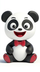 A cute cartoon panda with a red bow tie sitting with a big smile.