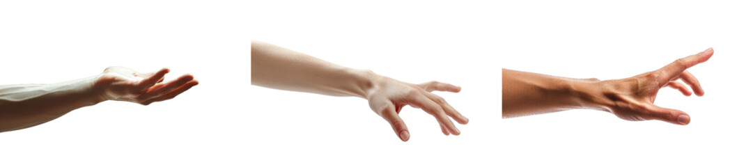 Reaching human hand on white background.