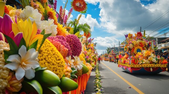Rows of floats festooned with flowers and fruits at the Kadayawan Festival, moving through the vibrant streets of Davao city, highlighting the region's rich culture.