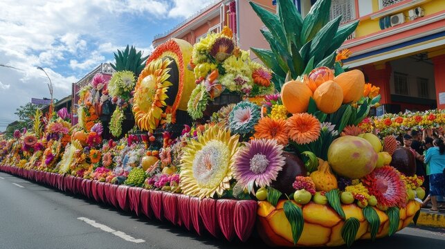 The Kadayawan Festival, featuring rows of beautifully decorated floats with flowers and fruits, set against the colorful backdrop of Davao city's vibrant buildings.