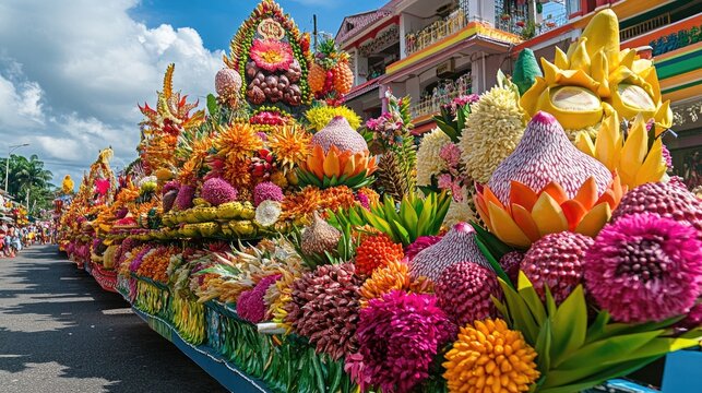 The Kadayawan Festival, featuring rows of beautifully decorated floats with flowers and fruits, set against the colorful backdrop of Davao city's vibrant buildings.