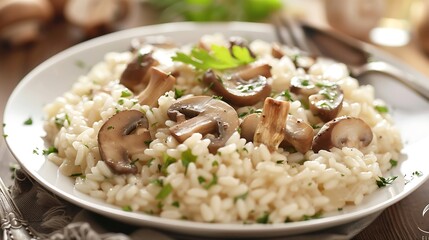 Risotto with mushrooms and parsley in a plate on a light background
