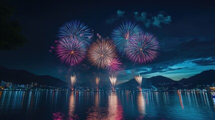 The Omagari National Fireworks Competition, where the night sky is alive with brilliant fireworks, their reflections dancing on the river below.