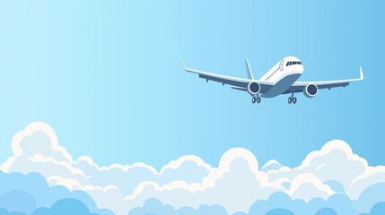 Airplane in flight, soaring above the clouds, flat design illustration