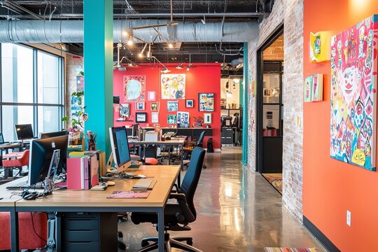 A bustling creative workspace with multiple desks, colorful decor, and a collaborative atmosphere