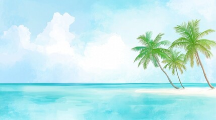 Fototapeta premium Tropical island resort, palm trees swaying, turquoise waters, watercolor style