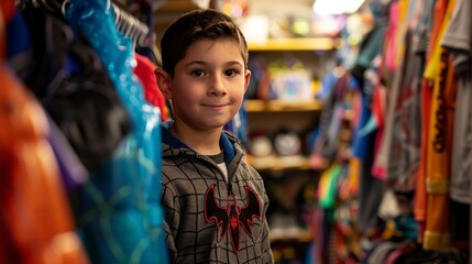 Obraz premium Smiling young boy wearing a patterned hoodie stands between racks of colorful clothing in a closet.