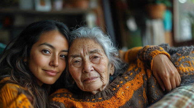 Latin American Adult Grandchild Tender Moment with Elderly Woman in Cozy Home with Soft Natural Light
