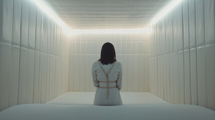 Woman in a padded cell, isolated and bound in a straitjacket