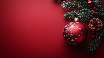 Red Christmas bauble with snowflakes hanging on a pine branch with berries and a pine cone, on a red background, with copy space.