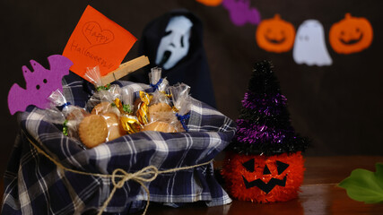 Halloween candy gifts and decorations prepared for kids