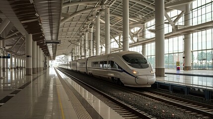 High-speed train arriving at modern train station with glass roof. Futuristic railway station design with sleek train on tracks. Generative by AI