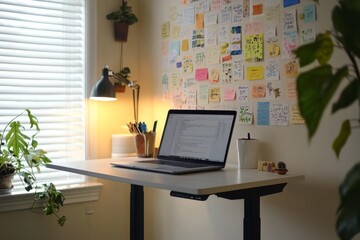 A minimalist creative workspace with a standing desk, laptop, and walls covered in creative ideas