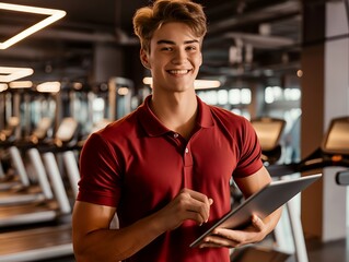 A young man in a gym holding a tablet, smiling and engaging with fitness technology.