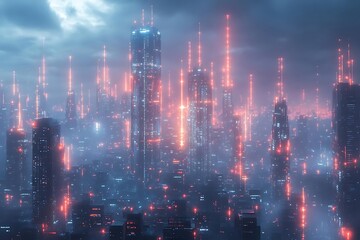Futuristic Cityscape with Neon Lights 3D Illustration