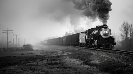 Fototapeta premium Freight train traveling across a vast, barren landscape under a dramatic, cloudy sky. The train is moving along straight railway tracks. Generative by AI