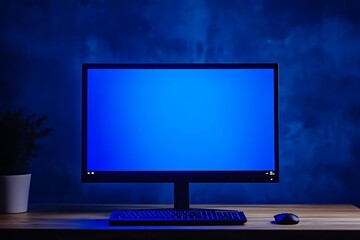 Computer Monitor with Blue Screen on Desk with Keyboard and Mouse - Photo