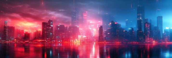 Futuristic City Skyline with Red and Blue Lights Reflection in Water Illustration