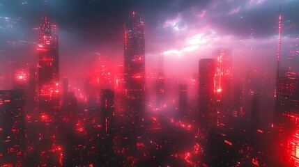 Fototapeta premium Cyberpunk Cityscape Illustration with Red Neon Lights and Fog