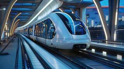 Futuristic subway train arriving at modern underground station. Sleek train design in a high-tech urban transit system. Generative by AI