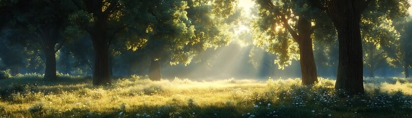 Sunlight Streaming Through Forest Trees Realistic Image