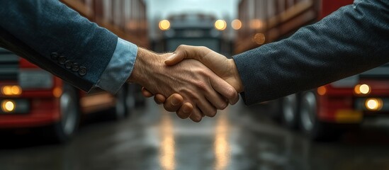 Handshake of Two Businessmen in Front of Trucks