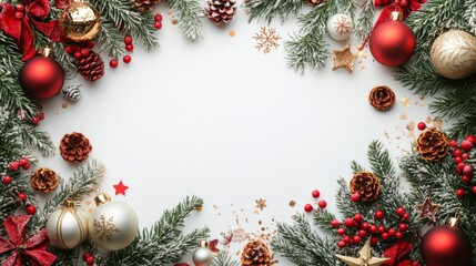 Festive Christmas frame with red and gold baubles, pine branches, berries, pine cones, snowflakes and confetti on white background.