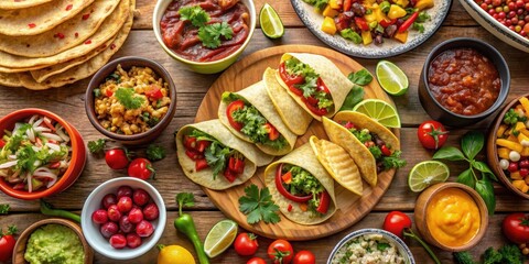 Fototapeta premium Delicious spread of Mexican dishes including tacos, burritos, and quesadillas on a table, Mexican cuisine, food, dinner
